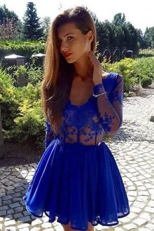 A-Line V-Neck Long Sleeves See Through Royal Blue Zipper Short Homecoming Dress DM479