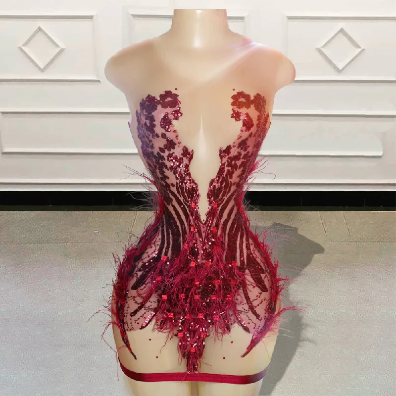 Sexy Black Girls Sheer Short Prom Dresses for Birthday Party Sparkly Sequin Feathers Women Custom Red Mini Cocktail Gowns Sexy Black Girls Sheer Short Prom Dresses for Birthday Party Sparkly Sequin Feathers Women Custom Red Mini Cocktail Gowns