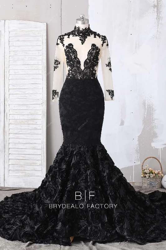 Timeless Black Mermaid 3D Roses Long Train Prom Dress