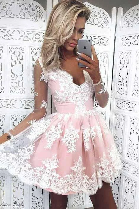 Cute A-Line V-Neck Long Sleeves Pink Lace Short Homecoming Dress,Graduation Dresses DM330 Cute A-Line V-Neck Long Sleeves Pink Lace Short Homecoming Dress,Graduation Dresses DM330