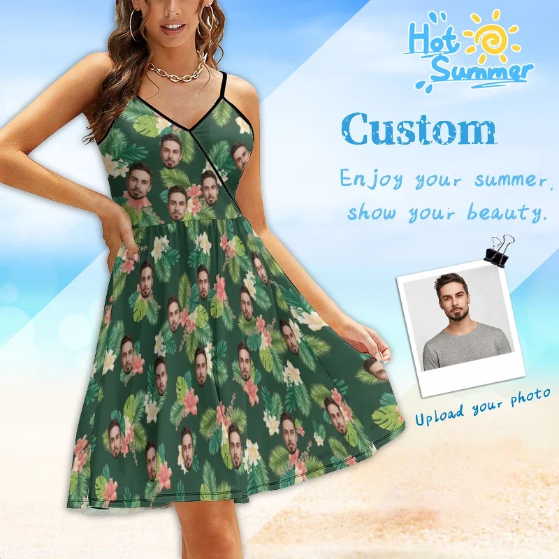 Custom Face Flowers Green Leaves Women's Sling Dress