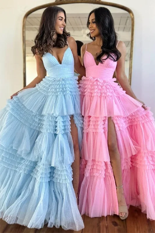 V Neck Spaghetti Straps Prom Dresses Long Tulle Tiered Ruffles Evening Party Ball Gowns V Neck Spaghetti Straps Prom Dresses Long Tulle Tiered Ruffles Evening Party Ball Gowns