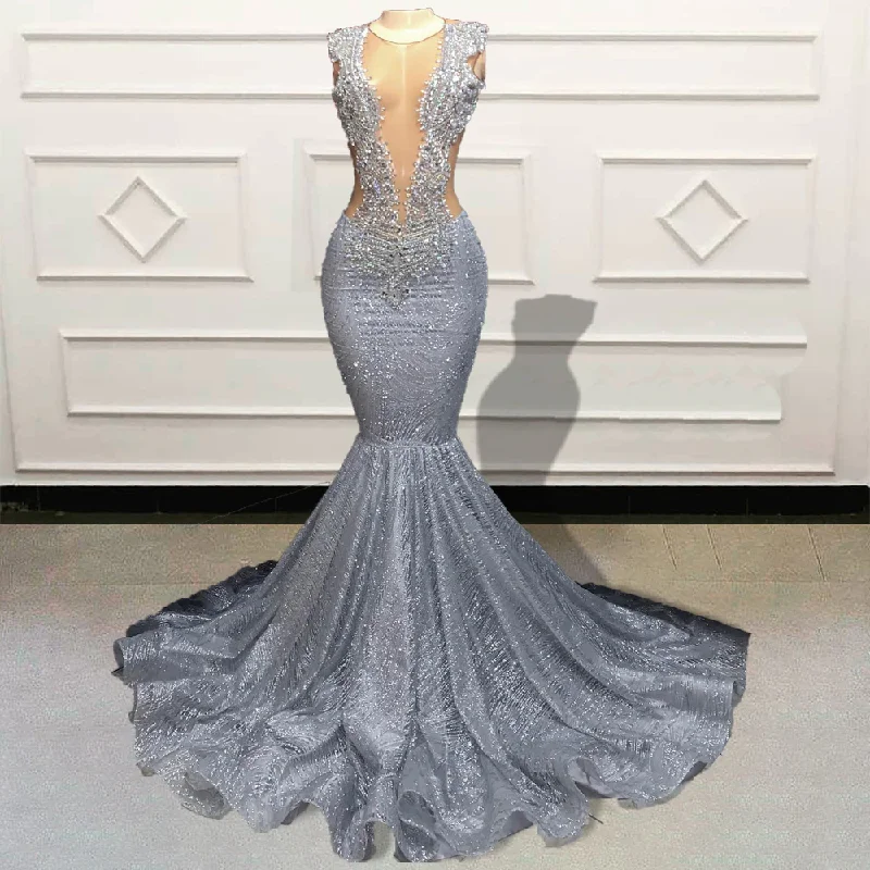 Sexy Women Mermaid Long Prom Dresses for Graduation Party Silver Sparkly Sequin Sheer Girls Formal Occasion Evening Gowns Sexy Women Mermaid Long Prom Dresses for Graduation Party Silver Sparkly Sequin Sheer Girls Formal Occasion Evening Gowns