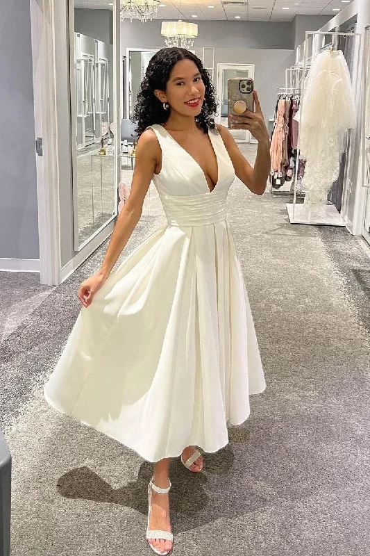 A-line Tea-length Bridal Dress with V-neckline