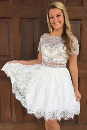 Stylish Two Piece A-Line Prom Dress,Bateau Short Sleeves Lace Homecoming Dress With Beading DM471 Stylish Two Piece A-Line Prom Dress,Bateau Short Sleeves Lace Homecoming Dress With Beading DM471