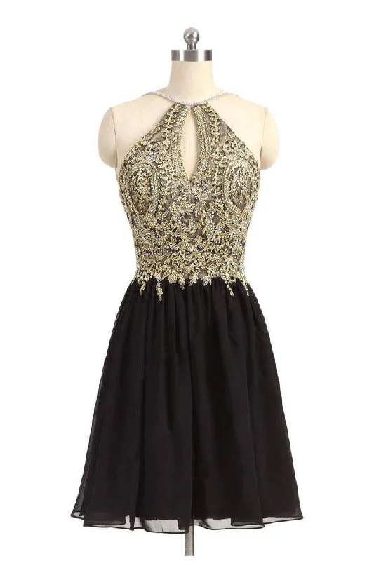 Black Chiffon Gold Beading Lace Halter Backless Homecoming Dresses For Teens DM373
