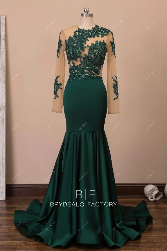 Emerald Green Sheer Sleeve Lace Jersey Mermaid Prom Dress