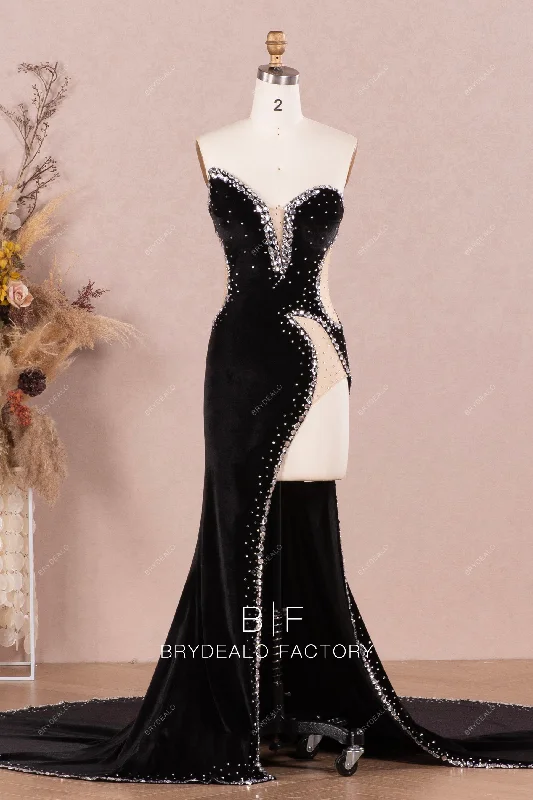 Black Asymmetric Rhinestone Velvet Prom Dress