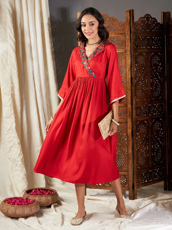 Lyush Women Red Collar Neck Gathered Dress