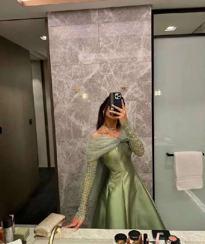 Elegant Cyan Shiny Long Sleeves Off Shoulder Satin Evening Dresses With Bow Long Arabic Prom Gown Lady Formal Occasion Dress Elegant Cyan Shiny Long Sleeves Off Shoulder Satin Evening Dresses With Bow Long Arabic Prom Gown Lady Formal Occasion Dress