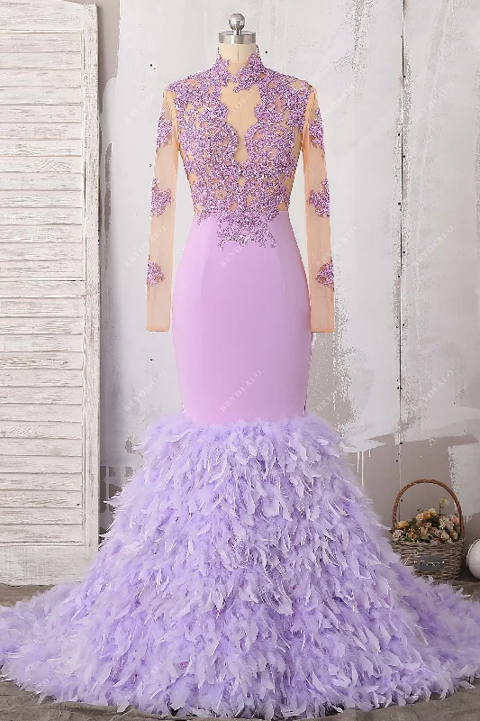 Lavender Feather Lace Trumpet Prom Dress