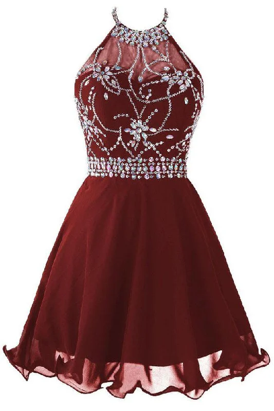 Chiffon Burgundy A Line Halter Homecoming Dresses With Beading,Short Prom Dress DM331 Chiffon Burgundy A Line Halter Homecoming Dresses With Beading,Short Prom Dress DM331