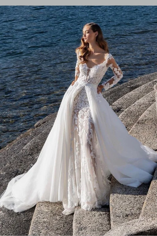 Appliques Sheath Wedding Lace Dress with Tulle Train