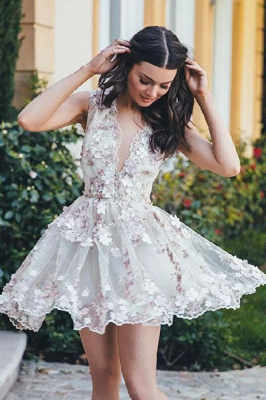 A-Line Floral V-Neck Prom Dresses,Short White Tulle Homecoming Dress with Appliques DM419 A-Line Floral V-Neck Prom Dresses,Short White Tulle Homecoming Dress with Appliques DM419