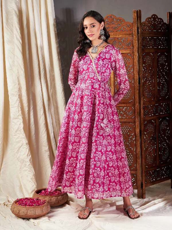 Lyush Women Pink Floral Wrap Anarkali Dress
