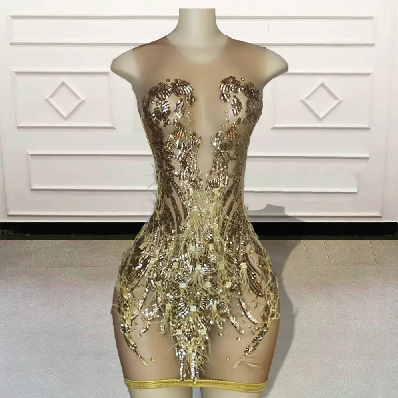 Women Sheer Gold Short Prom Dresses Sparkly Sequin Feathers Black Girls Mini Cocktail Gowns for Birthday Party Custom Made Women Sheer Gold Short Prom Dresses Sparkly Sequin Feathers Black Girls Mini Cocktail Gowns for Birthday Party Custom Made
