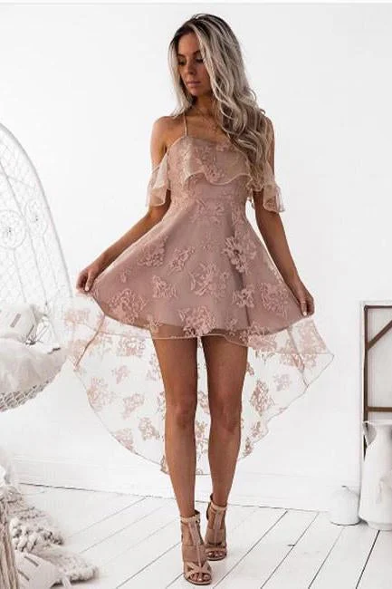 High Fashion A-Line Lace Off-Shoulder High Low Short Homecoming Dress DM456
