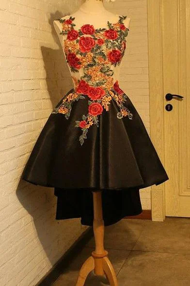 Black A Line Sleeveless Short Prom Dress,High Low Homecoming Dresses With Flower Appliques DM406