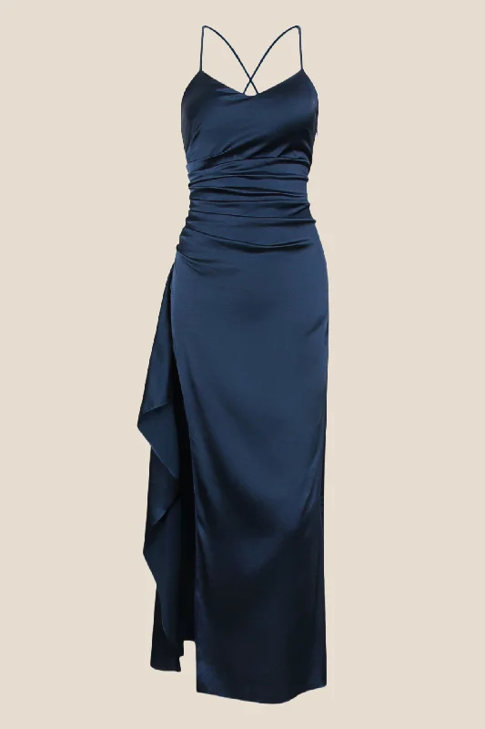 Straps Navy Blue Ruched Long Dress with Slit