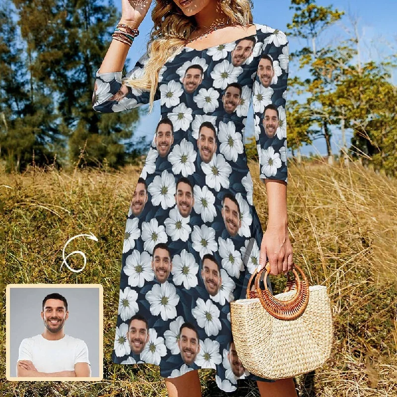 Custom Face White Flowers Women's Bow Tie Back Flare Dress