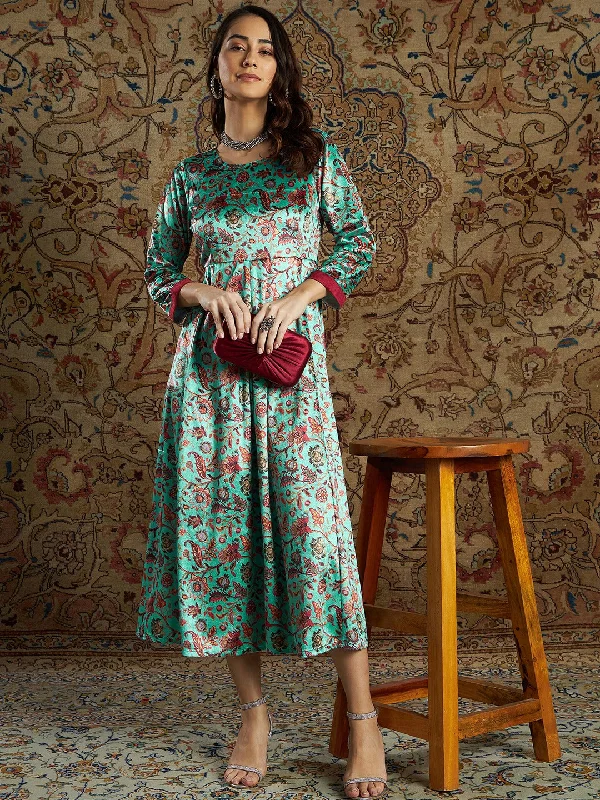 Lyush Women Sea Green Floral Velvet Printed Anarkali Dress