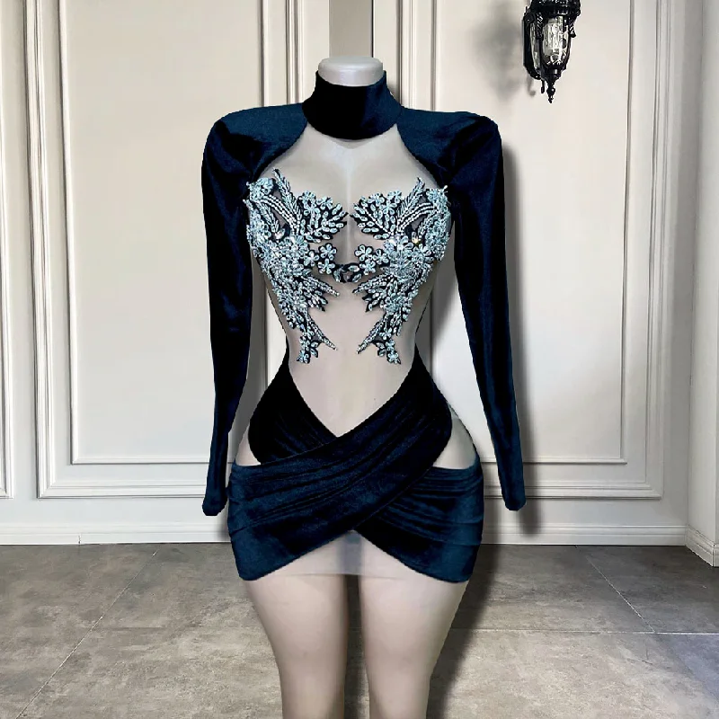 Long Sleeve High Neck See Through Sparkly Silver Crystals Black Velvet African Black Girls Short Prom Dresses For Birthday Long Sleeve High Neck See Through Sparkly Silver Crystals Black Velvet African Black Girls Short Prom Dresses For Birthday