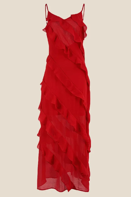 Straps Red Ruffle Sheath Long Dress with Slit