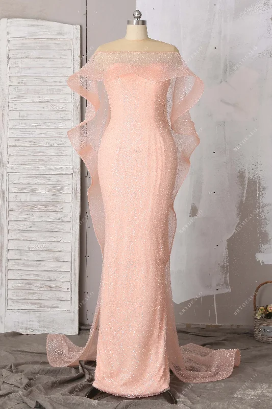 Peach Pink Glitter Detachable Cape Prom Dress