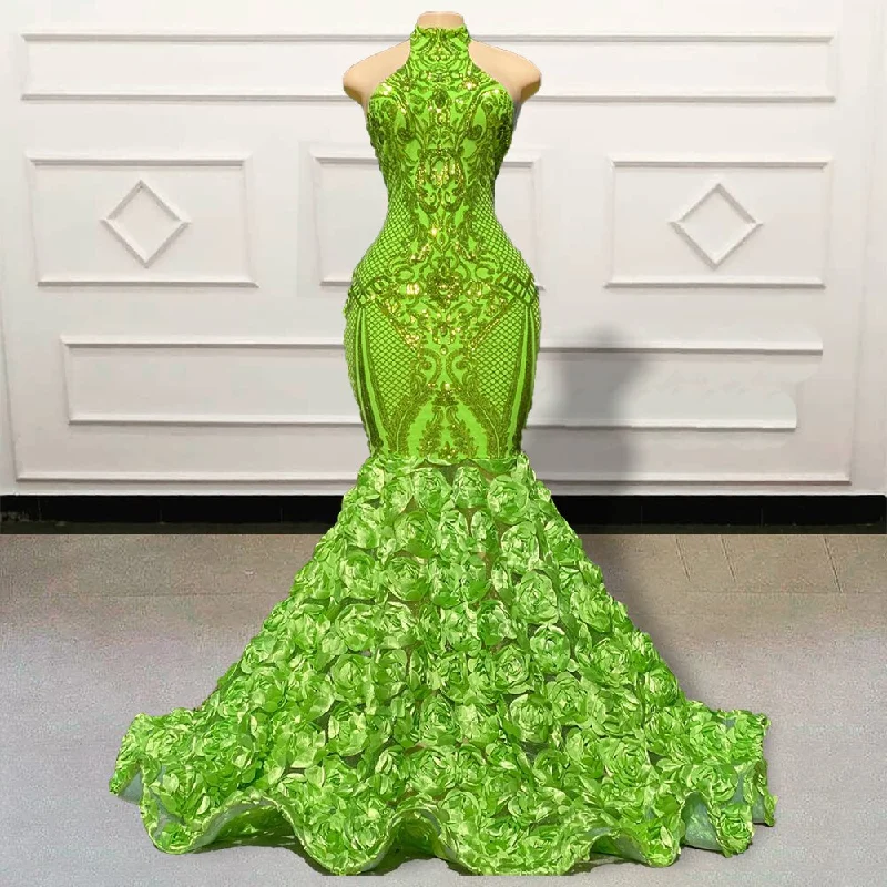 Long Green Prom Dresses Sparkly Sequin 3D Flowers Train African Girls Women Mermaid Formal Evening Party Gowns Custom Made Long Green Prom Dresses Sparkly Sequin 3D Flowers Train African Girls Women Mermaid Formal Evening Party Gowns Custom Made