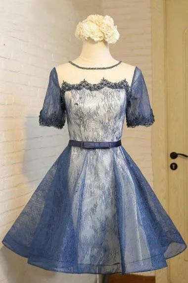 Vintage A-Line Crew Knee-Length Short Sleeves Navy Blue Lace Homecoming Dresses DM455