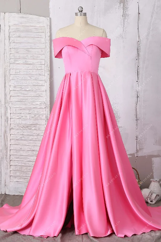 Flamingo Satin Off-Shoulder Sexy Slit Prom Dress