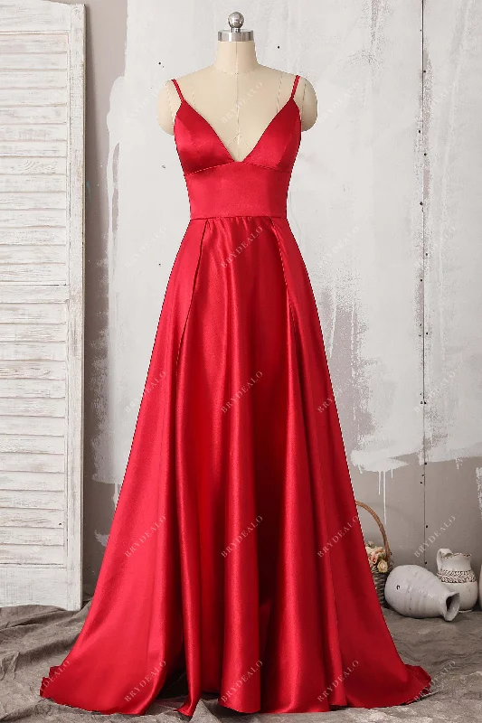 Red Satin Spaghetti Straps V-neck Prom Dress