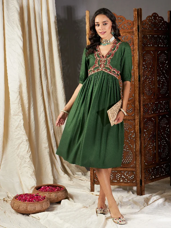 Lyush Women Green Embroidered Yoke Gathered Dress