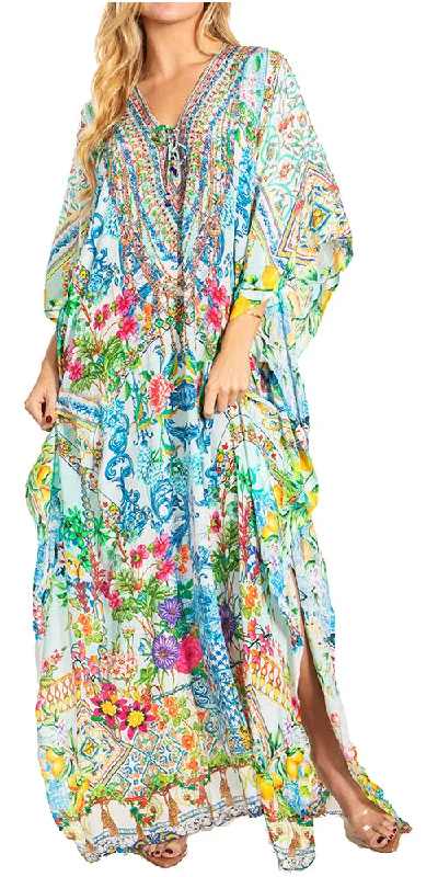Sakkas Georgettina 2025 Flowy Rhinestone V Neck Long Caftan Dress / Cover Up