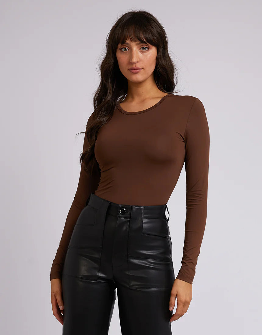 ALL ABOUT EVE Eve Staple Womens L/S Tee - Brown Mesh Fabric Canvas Fabric Denim Fabric ALL ABOUT EVE Eve Staple Womens L/S Tee - Brown Mesh Fabric Canvas Fabric Denim Fabric