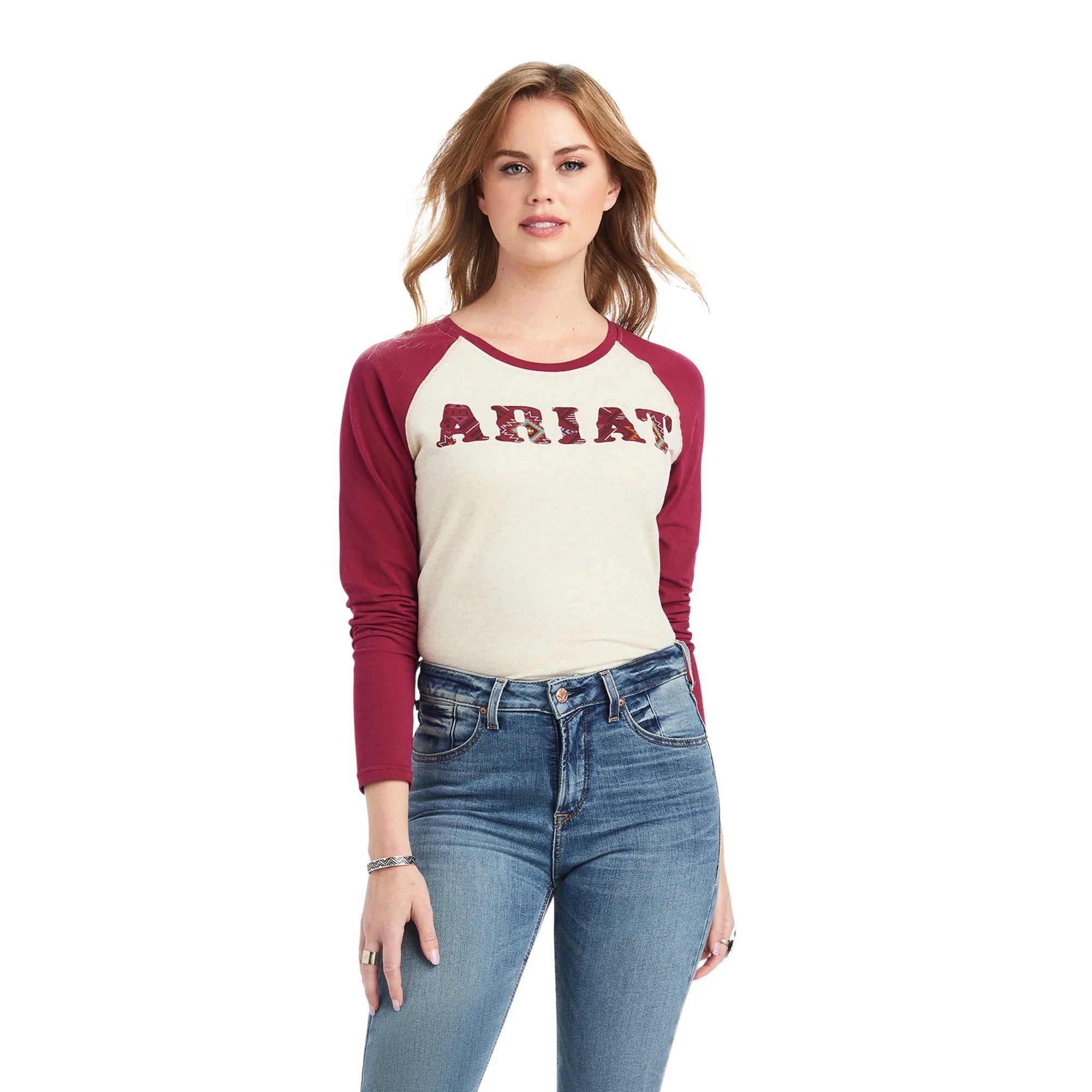 Ariat Womens R.E.A.L Oatmeal Heather/Beet Red Baseball T-Shirt Front Pockets Side Pockets Patch Pockets Ariat Womens R.E.A.L Oatmeal Heather/Beet Red Baseball T-Shirt Front Pockets Side Pockets Patch Pockets