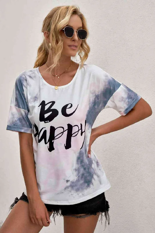 BE HAPPY Bleached Ladies T-Shirt Cotton Fabric Linen Fabric Terry Fabric