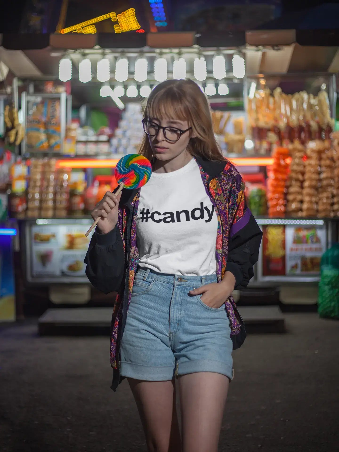 candy Hashtag Women's Short Sleeve Crew neck Tee 00075 Welt Pockets Slit Pockets