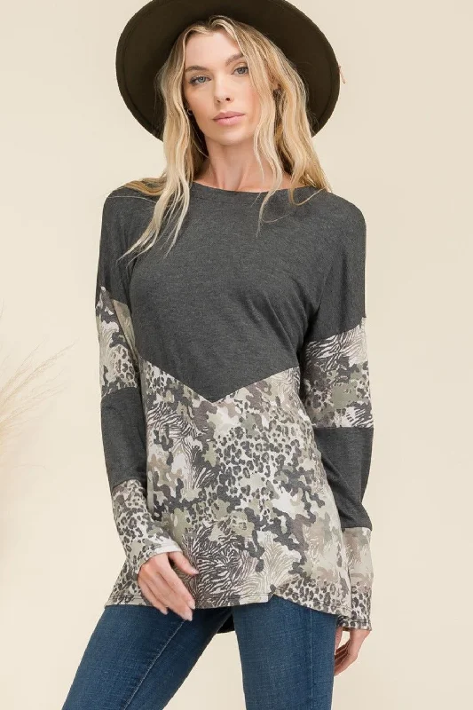 Celeste Full Size Mixed Animal Print Contrast Long Sleeve T-Shirt Nylon Fabric Polyester Fabric Spandex Fabric