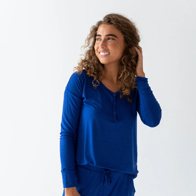 Navy Blue Mama Long Sleeves Shirt Asymmetrical Pockets Print