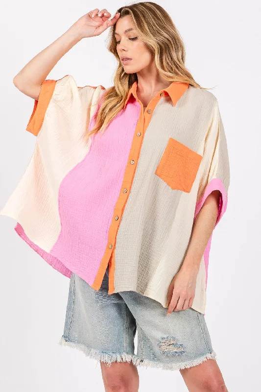 Color Block Button-Down Shirt Front Pockets Side Pockets Patch Pockets