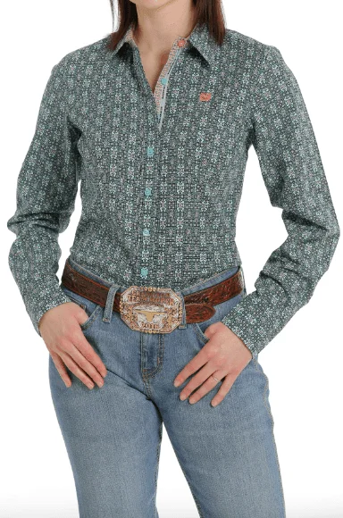 Cinch Women's Teal / Peach Multi Print Button Up Long Sleeve Western Shirt MSW9165029 Striped Floral Plaid Cinch Women's Teal / Peach Multi Print Button Up Long Sleeve Western Shirt MSW9165029 Striped Floral Plaid