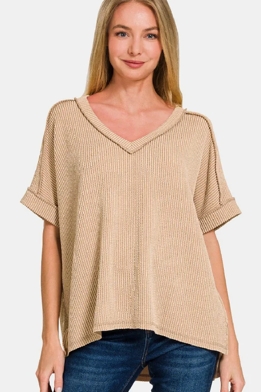 Corded Rib Short Sleeve High-Low T-Shirt Cashmere Blend Cotton Blend Poly Blend