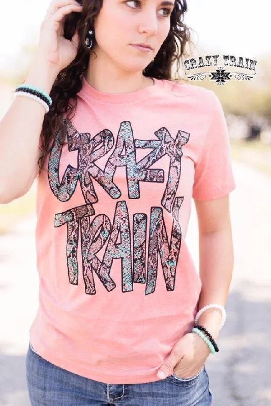Crazy Train Punchy Python Graphic Tee Notch Collar Peter Pan Collar Cowl Neck