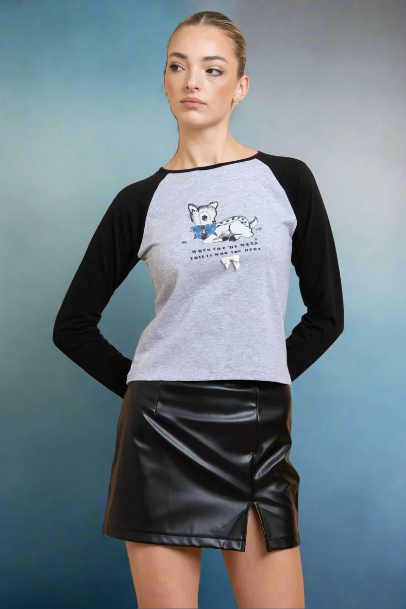 Daisy Street Deer Contrast Raglan Sleeve Tee Layered Multi-layer Single Layer