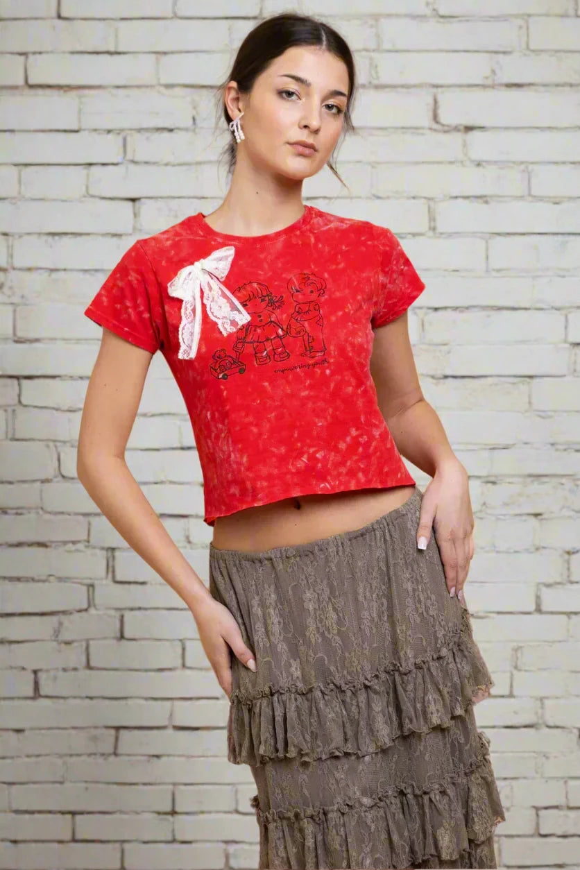 Daisy Street Youth Snow Washed Baby Tee Chenille Brocade Lace