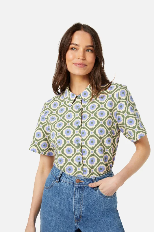 Flower Tile Shirt Collared Crew Neck Turtle Neck