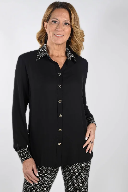 Frank Lyman 233152 Black Contrast Detail Shirt Seamless Knitted Crochet