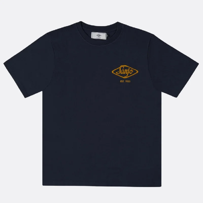 Sanjo Flocked Logo T-shirt Notch Collar Peter Pan Collar Cowl Neck
