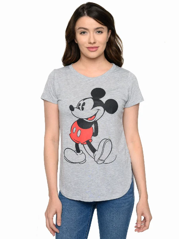 Juniors Disney Classic Mickey Mouse Hi-Low Hem T-Shirt Heather Gray Fleece Nylon Spandex